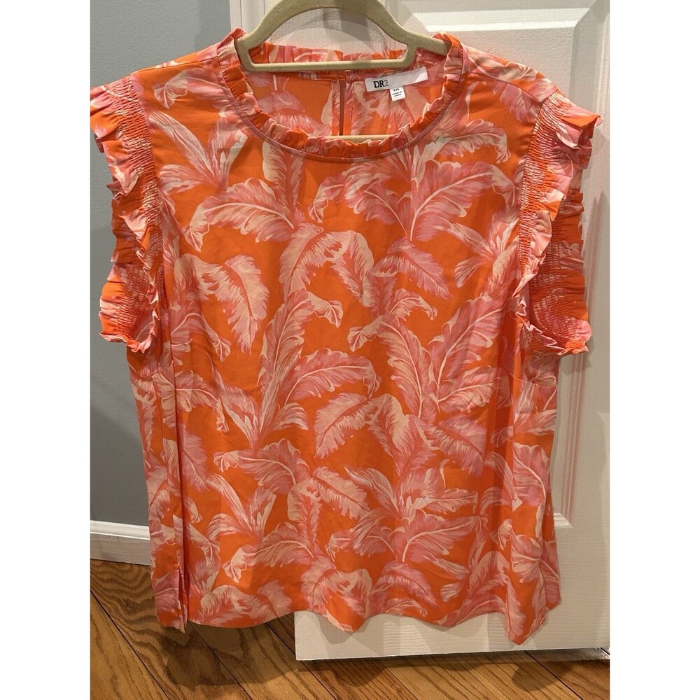 DR2 Orange Print Pleated Flutter Sleeve Blouse Size XXL